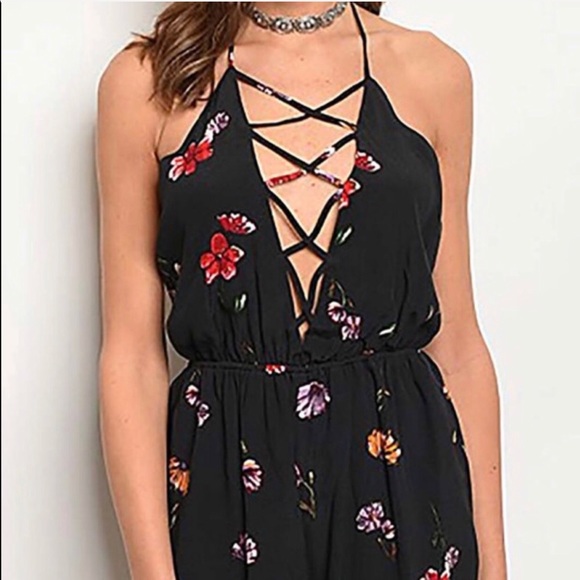 Sale!  Floral Lace Up Strappy Deep V Open Romper - Picture 8 of 8